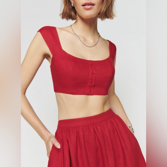 Reformation Teya Linen Two Piece In Cherry, size 2, brand new, never worn. - Picture 5 of 14